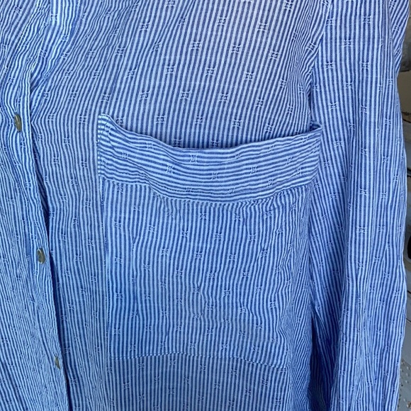 Free People blue white stripe button down split back cotton long sleeve shirt - Picture 4 of 16